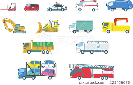 工作車、各種汽車、套裝的庫存插圖素材 123456076