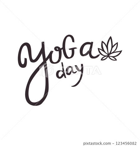 Yoga day hand lettering text with lotus isolated on white background. Vector typography for t shirts, clothes, posters, yoga studio decorations, gyms, stickers 123456082