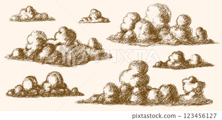 Hand drawn Clouds in sketchy style in monochrome. engraved big and small in different shapes for 123456127