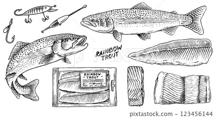 Rainbow trout collection with fish package and chunk of meat.River fishing elements and filet Rainbow trout collection with fish package and chunk of meat.River fishing elements and filet 123456144
