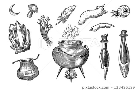 Big collection of wizardry elements for magic rituals or tarot deck, cauldron and crystals tongue 123456159