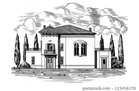 Italian or French villa from riviera. Mediterranean landscape for wine label with vineyards and 123456170