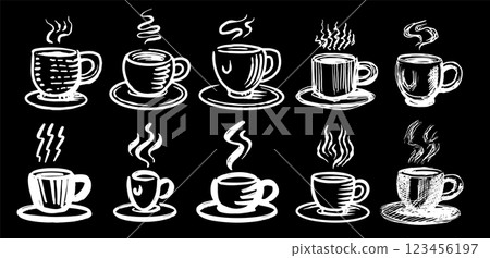 Set of a hot Cup of coffee. Hand drawn mugs with drink for shop or coffee packages with latte 123456197