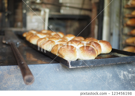 Enjoy delicious, freshly baked buns from a rustic bakery oven for a delightful experience 123456198