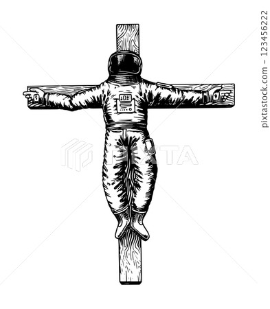 Spaceman on the cross allegory in vintage engraved style. drawing of an astronaut in space done by Spaceman on the cross allegory in vintage engraved style. drawing of an astronaut in space done by 123456222