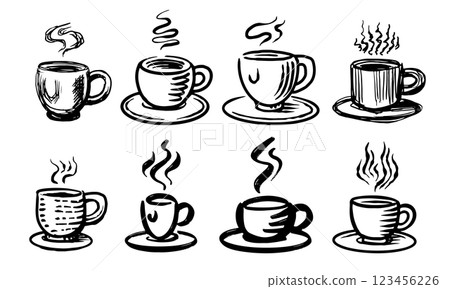 Set of a hot Cup of coffee. Hand drawn mugs with drink for shop or coffee packages with latte Set of a hot Cup of coffee. Hand drawn mugs with drink for shop or coffee packages with latte 123456226