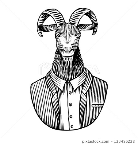 A goat gentleman in suit. Hand drawn animal character with horns in human clothes for beer bottle or 123456228