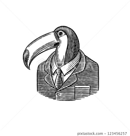 Toucan bird in human clothes or outfit. South American Male animal character for wild life usage. In 123456257