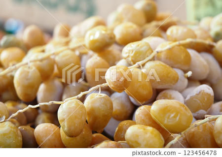 Fresh yellow dates at a bustling market in the afternoon sun 123456478