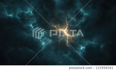A stormy sky with a bright yellow lightning bolt 123456581