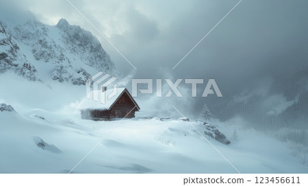 A small cabin is nestled in the snow on a mountain 123456611