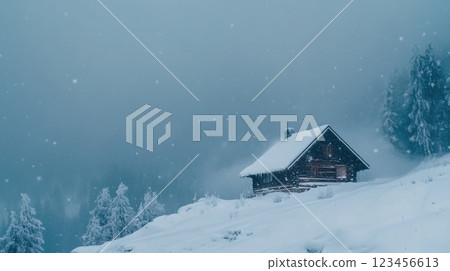 A small cabin is covered in snow and sits on a hill 123456613