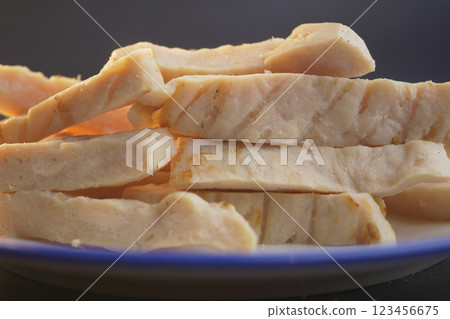 Sliced Chicken Breast Arranged Beautifully on a Clean White Surface 123456675