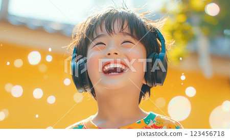 Smiling boy wearing headphones and looking happy 123456718