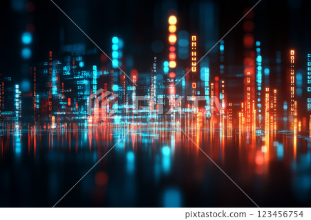 Futuristic Data City with Vibrant Light Reflections and Geometric Square Shapes in Deep Background Futuristic Data City with Vibrant Light Reflections and Geometric Square Shapes in Deep Background 123456754