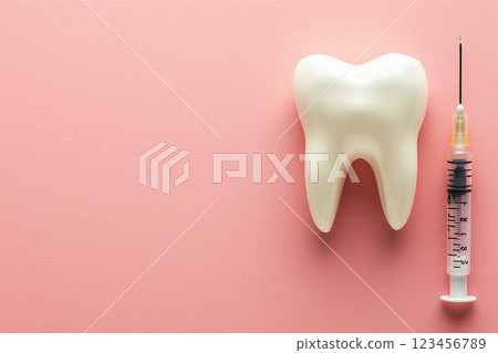 Dental Instruments on Pastel Background with Tooth Model and Syringe for Oral Health Concept 123456789