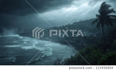 A stormy ocean with a palm tree in the background A stormy ocean with a palm tree in the background 123456894