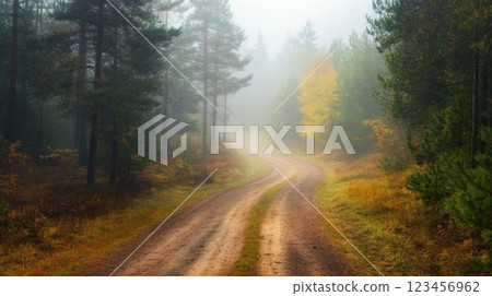 A road in a forest with foggy weather 123456962