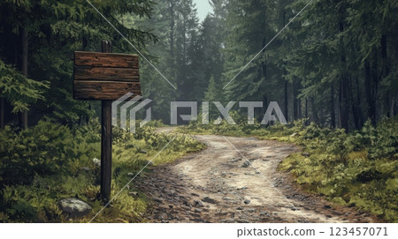A sign is on a wooden post in a forest A sign is on a wooden post in a forest 123457071