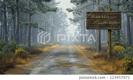 A sign on a wooden post in a forest 123457072