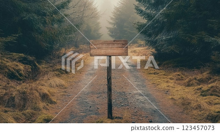 A sign is standing in the middle of a forest road 123457073