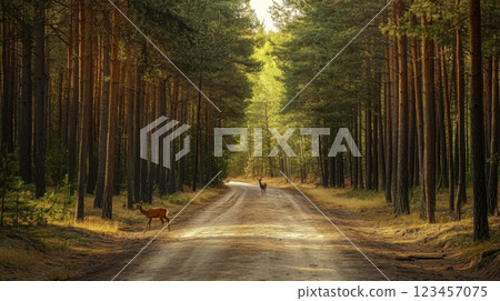 A deer is walking down a road in a forest 123457075