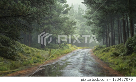 A road in the woods is wet from rain 123457079