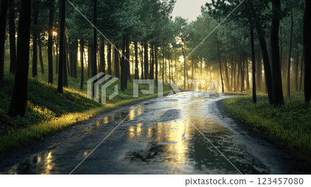 A road with trees on either side and rain on the ground A road with trees on either side and rain on the ground 123457080