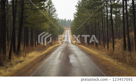 A road with trees on both sides and a wet road A road with trees on both sides and a wet road 123457091