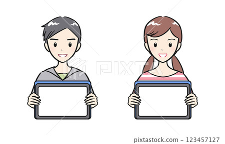 一組小學男孩和女孩拿著平板電腦 一組小學男孩和女孩拿著平板電腦 123457127