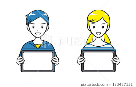 Set of elementary school boys and girls holding tablets (simple) Set of elementary school boys and girls holding tablets (simple) 123457131