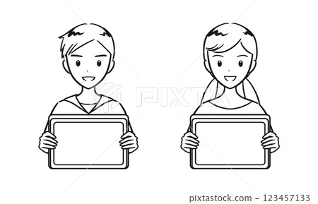 Set of boys and girls of elementary school students holding a tablet (line drawing) Set of boys and girls of elementary school students holding a tablet (line drawing) 123457133