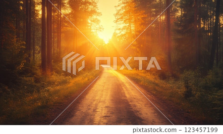 A road in a forest with the sun shining through the trees A road in a forest with the sun shining through the trees 123457199