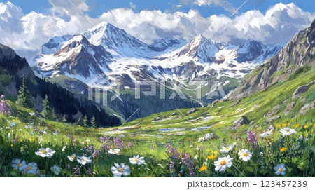 A painting of a mountain range with snow-capped peaks 123457239