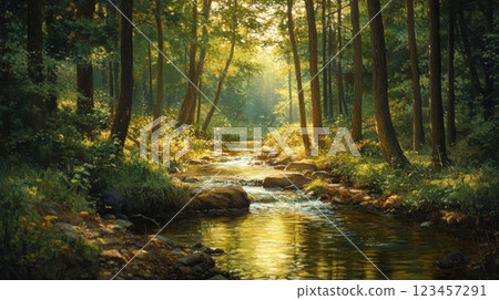 A painting of a forest with a stream running through it 123457291