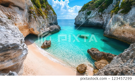 A beautiful beach with a clear blue ocean and a rocky shore 123457299