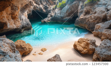 A rocky beach with a blue body of water in the middle 123457300
