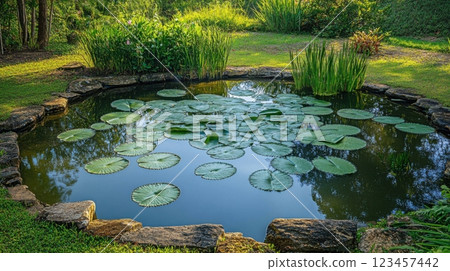 A pond with lily pads floating on the surface 123457442