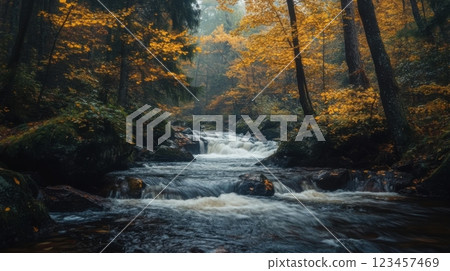 A stream of water flows through a forest with trees on either side 123457469