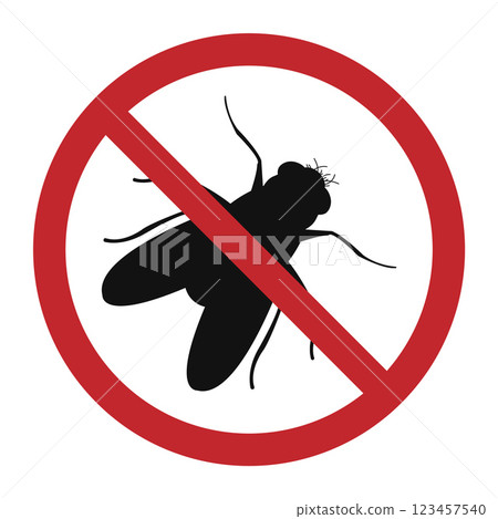Fly insect stop warning sign. Stop fly, pest control and disinfection service, warning or beware. fly or tsetse fly, African bloodsucking fly, disease prevention and health sanitary disinfection. 123457540