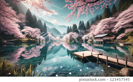 櫻花倒映在湖水和山脈上,呈現出一片寧靜的春日風景 櫻花倒映在湖水和山脈上,呈現出一片寧靜的春日風景 123457545