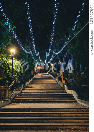mysterious stairs with glowing illumination in beautiful night park, atmospheric mood and tranquil vibes, charming dusk alley mysterious stairs with glowing illumination in beautiful night park, atmospheric mood and tranquil vibes, charming dusk alley 123457644