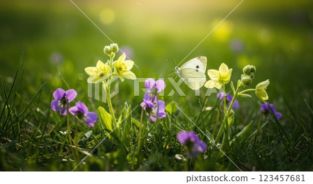 Spring flowers and cabbage white butterfly 123457681