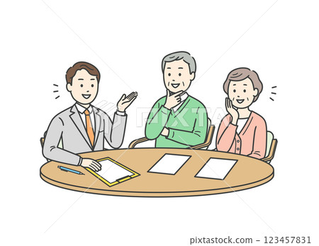 Illustration of an elderly man and woman couple receiving an explanation from a man in a suit Illustration of an elderly man and woman couple receiving an explanation from a man in a suit 123457831