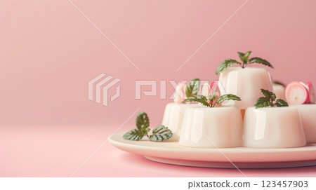 Traditional panna cota dessert creamy pudding with mint on isolated pink background 123457903