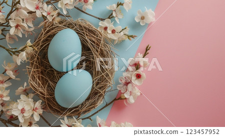 Egg chicken colorful on rattan bamboo traditional decoration 123457952