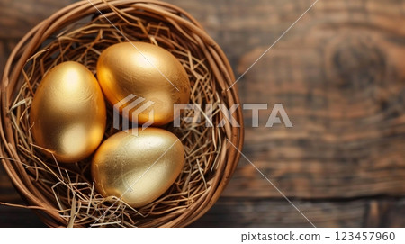 Egg chicken colorful golden shiny on rattan bamboo traditional 123457960