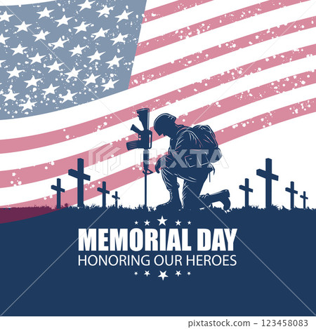 Memorial Day Soldier Kneeling at Battlefield Cross with American Flag Background 123458083