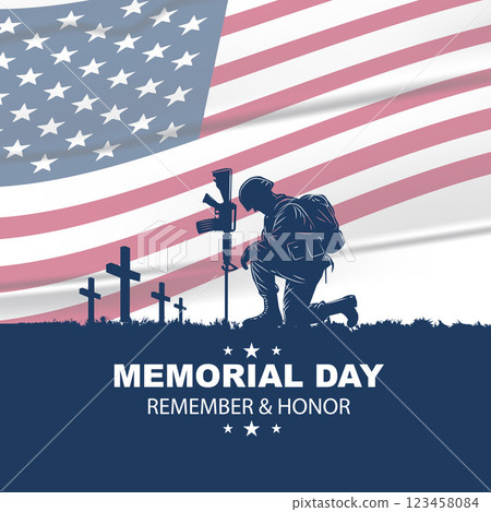 Memorial Day Tribute Soldier Kneeling at Battlefield Cross with American Flag Background 123458084