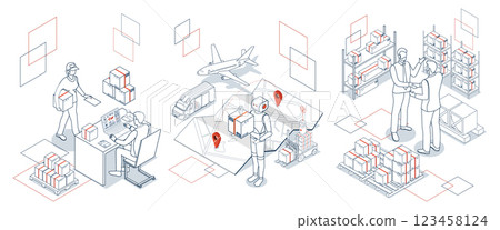3D isometric scenes depicting multi modal export import operations with Delivery autonomous robots AMR, AGV in a modern warehouse with advanced logistics and supply chain management solutions. 123458124